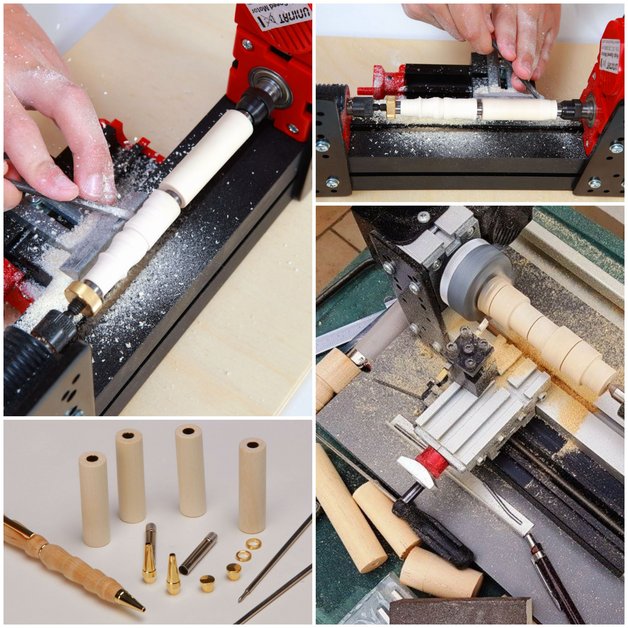 wooden pen crafting, overview picture that contains out of 4 small pictures